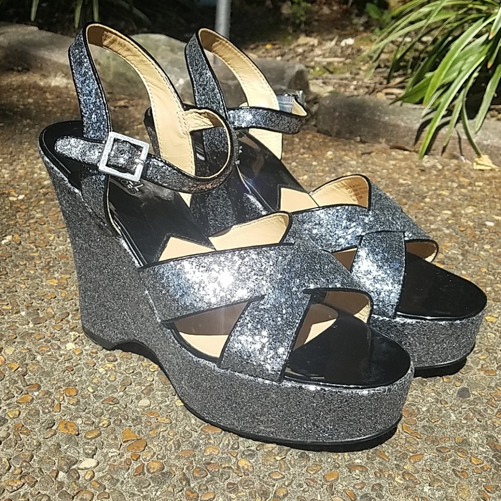 MICHAEL KORS Glittery Silver Wedge Sandals
